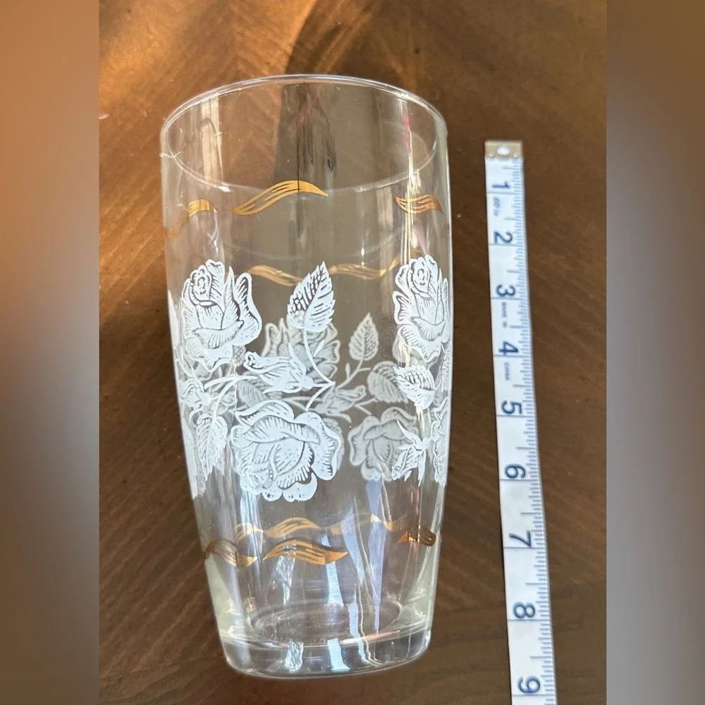 Vintage Libbey White Rose‎ Bouquet Large Glass Vase, Gold Trim